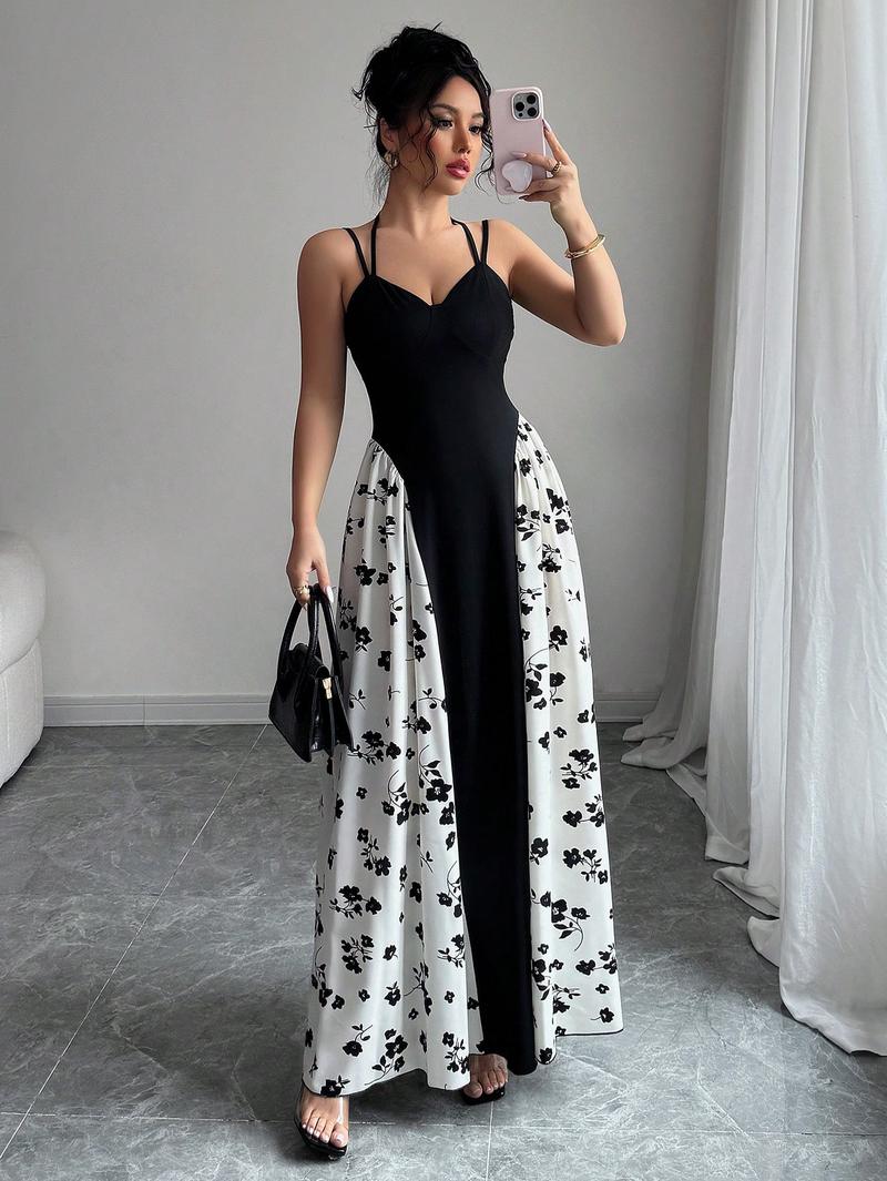 Elengatine Women's Viral Black & White Floral Maxi Dress | Spaghetti S   Neocell