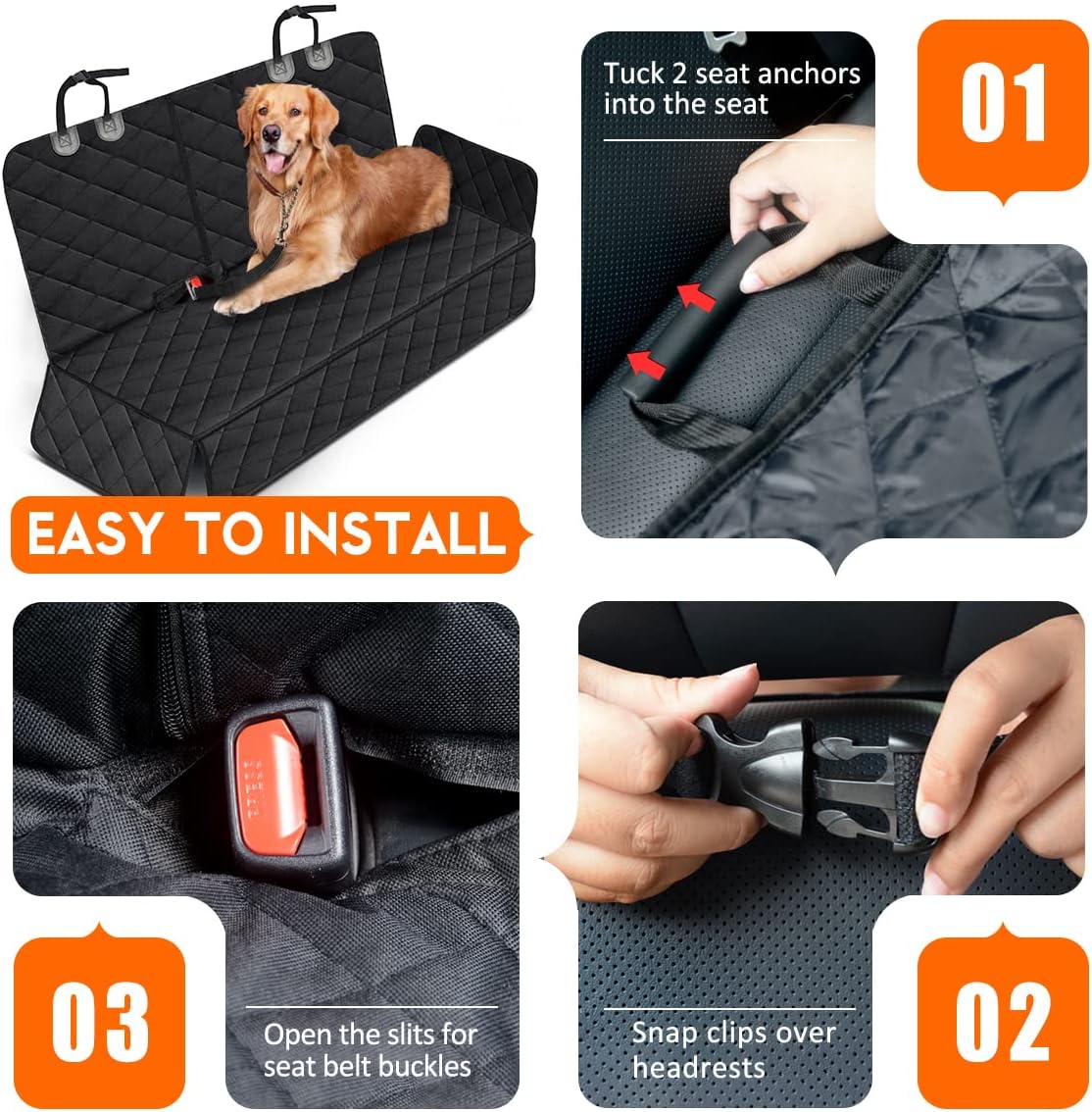Dog Car Seat Cover, Back Seat Cover for Dogs Pet Car Seat Protector Waterproof Bench Car Seat Cover, Non-Slip Reat Seat Cover fits Middle Armrest for Most Cars Trucks SUVs - Black