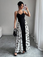 Elengatine Women's Viral Black & White Floral Maxi Dress | Spaghetti Strap Patchwork Design | Slim Fit, Flowing & Breathable Fabric | Ideal for Spring and Summer Occasions, Vacations, Brunch, Evening Outings, and Trendy Street Style