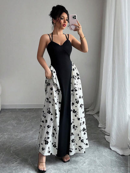 Elengatine Women's Viral Black & White Floral Maxi Dress | Spaghetti Strap Patchwork Design | Slim Fit, Flowing & Breathable Fabric | Ideal for Spring and Summer Occasions, Vacations, Brunch, Evening Outings, and Trendy Street Style